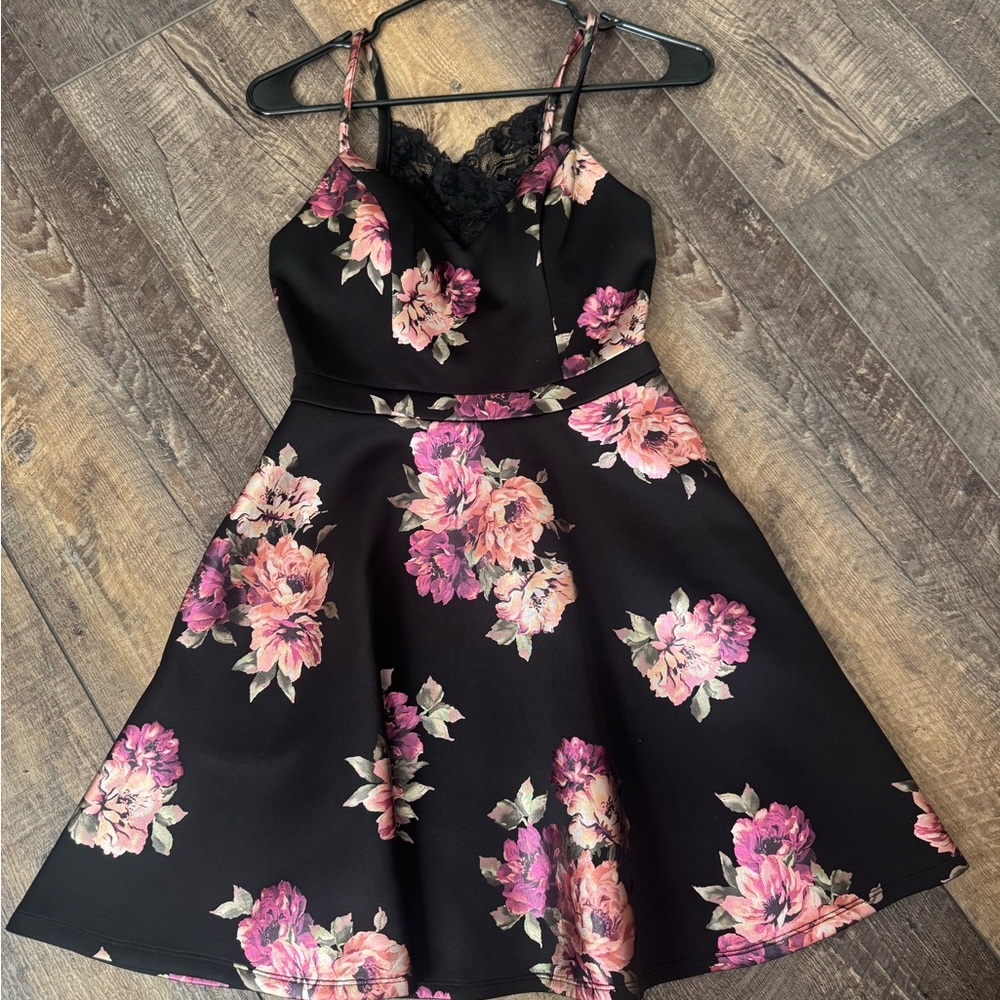 Speechless Black Floral Lace Trim Romantic Dress
